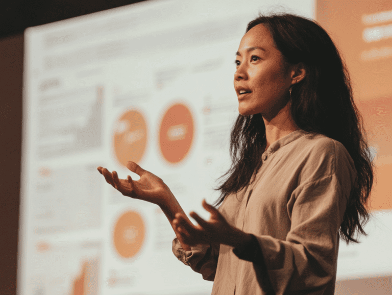 Woman presenting infront of metrics slide